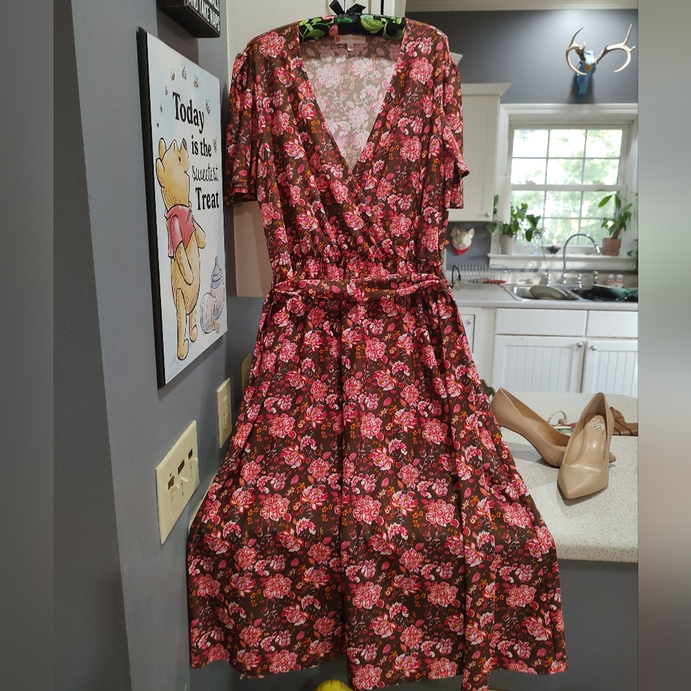 NEW JUDE CONNALLY Long Flowy brown & pink floral Bell Short Sleeve Dress XL $238